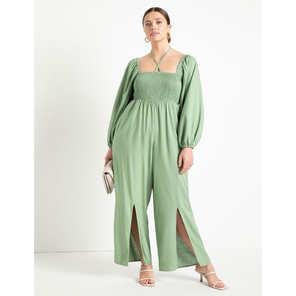 Eloquii Smocked Bodice Wide Leg Linen Blend Jumpsuit In Green Size 18 - Picture 1 of 8